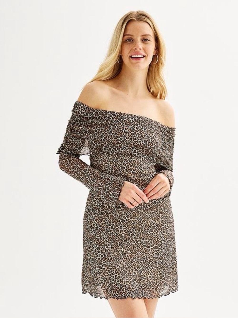 Juniors' Love Fire Off-The-Shoulder Bell Sleeve Mesh Mini Dress Leopard Print XS